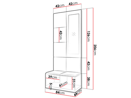 wymiary garderoby z panelami tapicerowanymi Esmoltis II