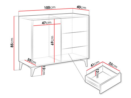 komoda z 3 szufladami i szafką Ountra - wymiary