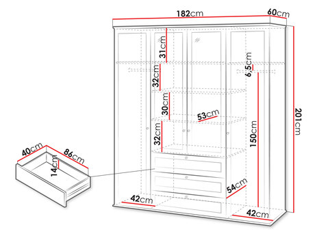 szafa czterodrzwiowa Fritkit - wymiary
