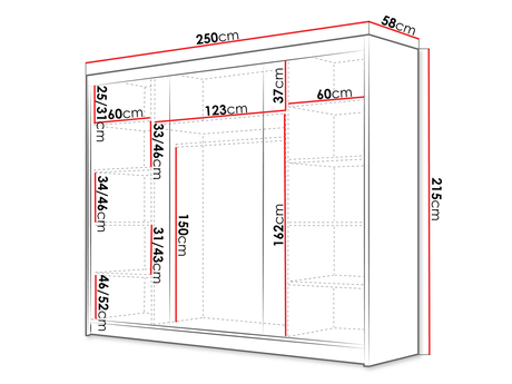 wymiary szafy przesuwnej Gamirut VII 250 cm