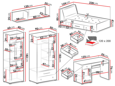 meble młodzieżowe Brikuf - wymiary