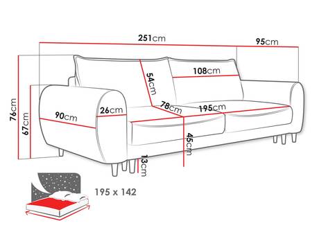 wymiary kanapy 3-osobowej Nesene