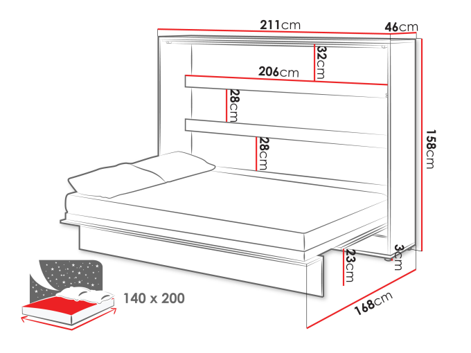 Półkotapczan Bed-Concept poziomy BC-04 140x200 Wymiary półkotapczanu
