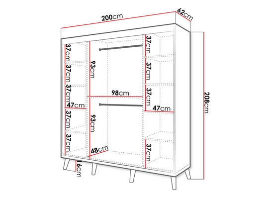 wymiary szafy przesuwnej z lustrem Kretisa T1 200 cm