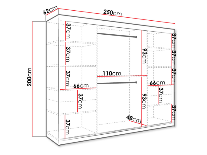 wymiary szafy przesuwnej Nonnus 250 cm duża szafa z lustrem Nonnus 250 cm - wymiary