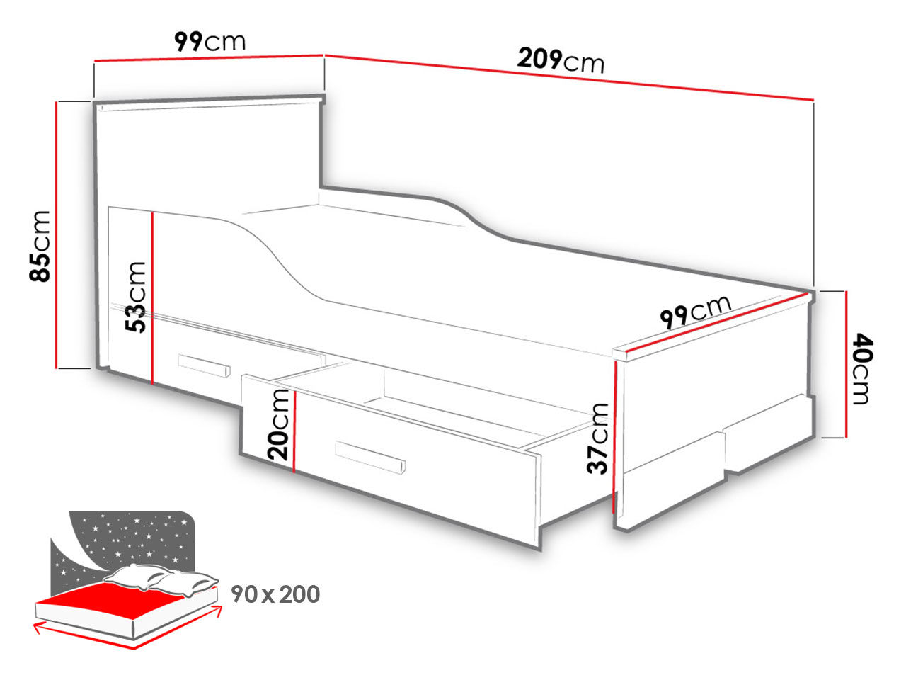 łóżko+szuflada - wymiary