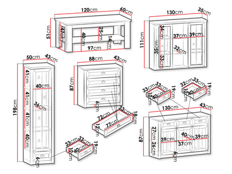 Zestaw mebli do salonu Patty I - wymiary