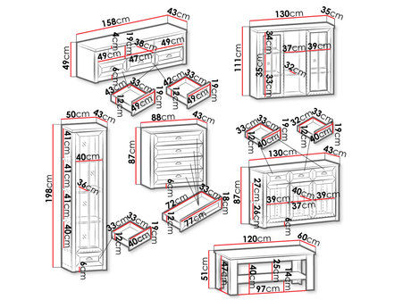 zestaw mebli do salonu Patty III - wymiary