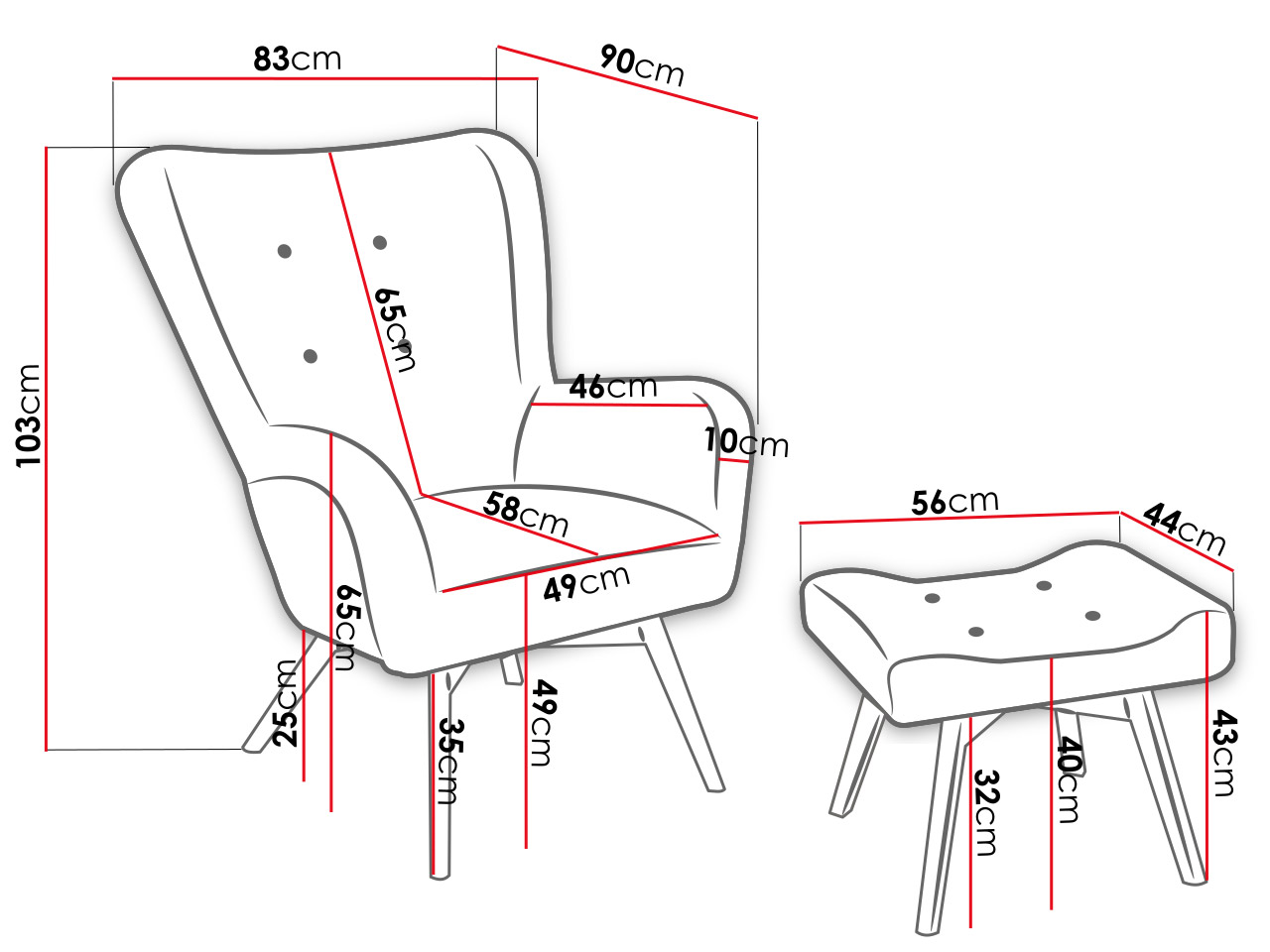 fotel z podnóżkiem - wymiary