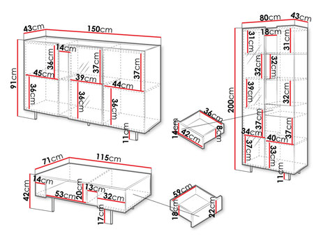 Zestaw mebli do salonu - wymiary