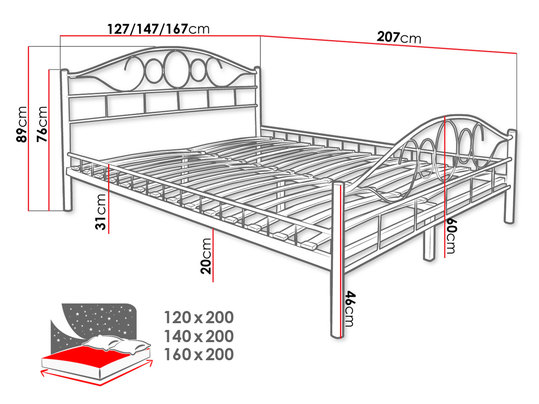 metalowe łóżko syppialniane Mirioda - wymiary