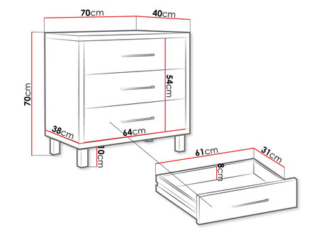 Wymiary komody z szufladami Dysania 3S