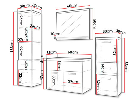 zestaw mebli łazienkowych Lumia MDF - wymiary