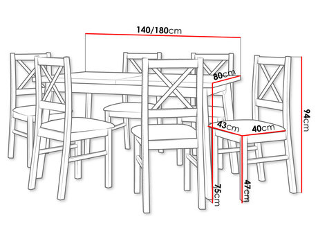 wymiary zestawu stół i 6 krzeseł AL11