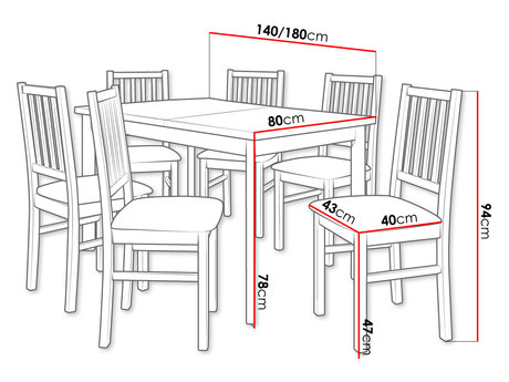 stół i 6 krzeseł AL15 - wymiary