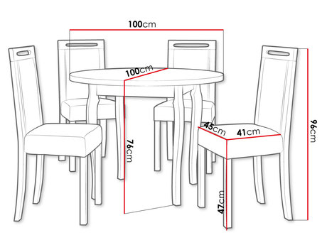stół okrągły i 4 krzesła AL18 - wymiary